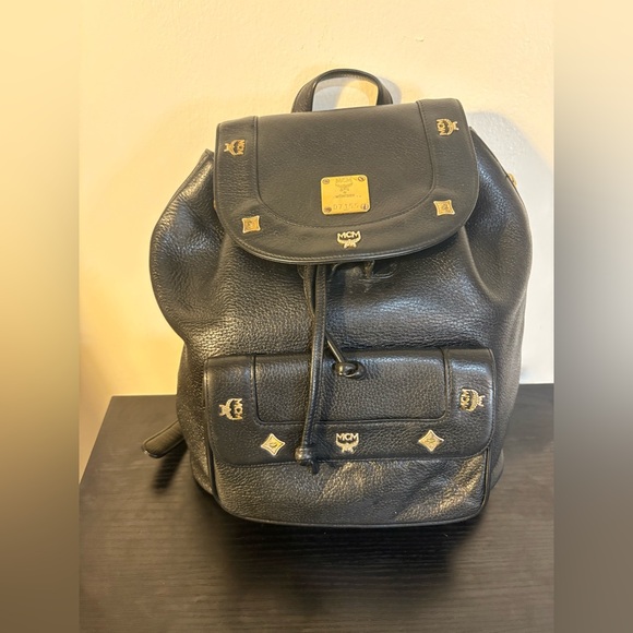 MCM Black Leather Backpack‎ with Gold Accents and draw strings 12"x11" - Picture 2 of 16